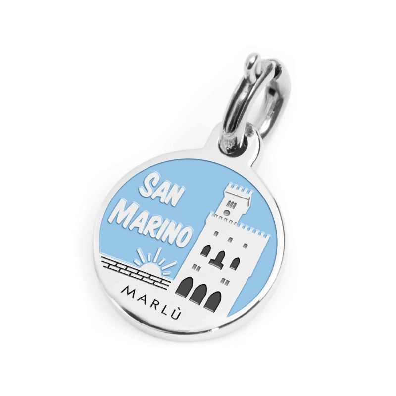 S.STEEL CHARM SAN MARINO S.steel round charm with San Marino city's symbols image, 14 mm diameter. On the front side lettering i