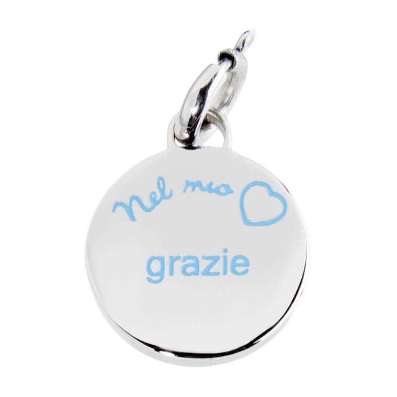 POLISHED S.STEEL PENDANT "GRAZIE" THE LOCK COLOR SAME AS PENDANT, THE WRITING MUST BE LIGHT BLUE