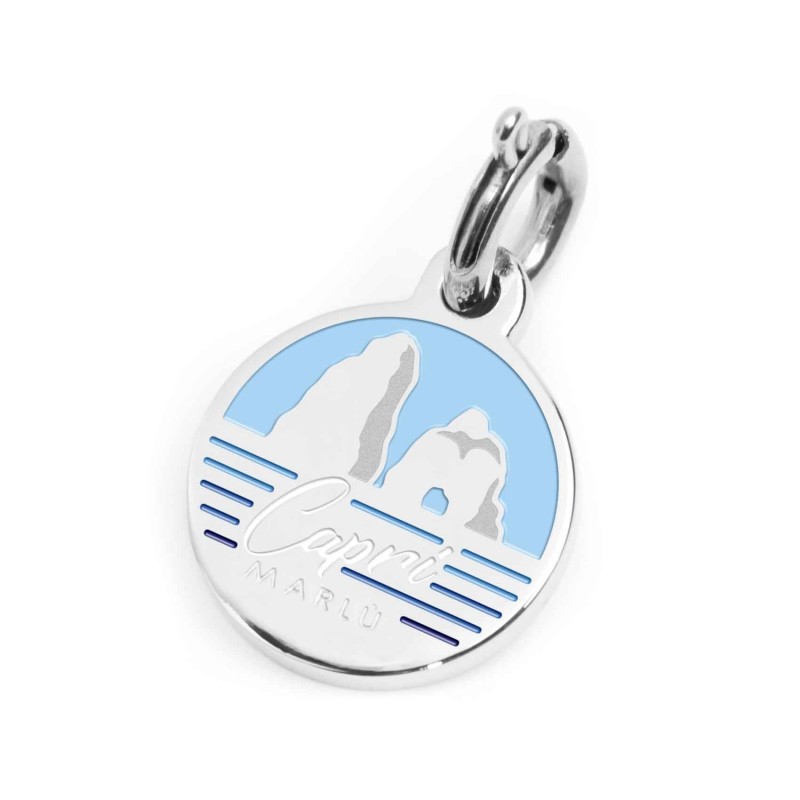 S.STEEL CHARM CAPRI S.steel round charm with Capri city's symbols image, 14 mm diameter. On the front side the charm is colored