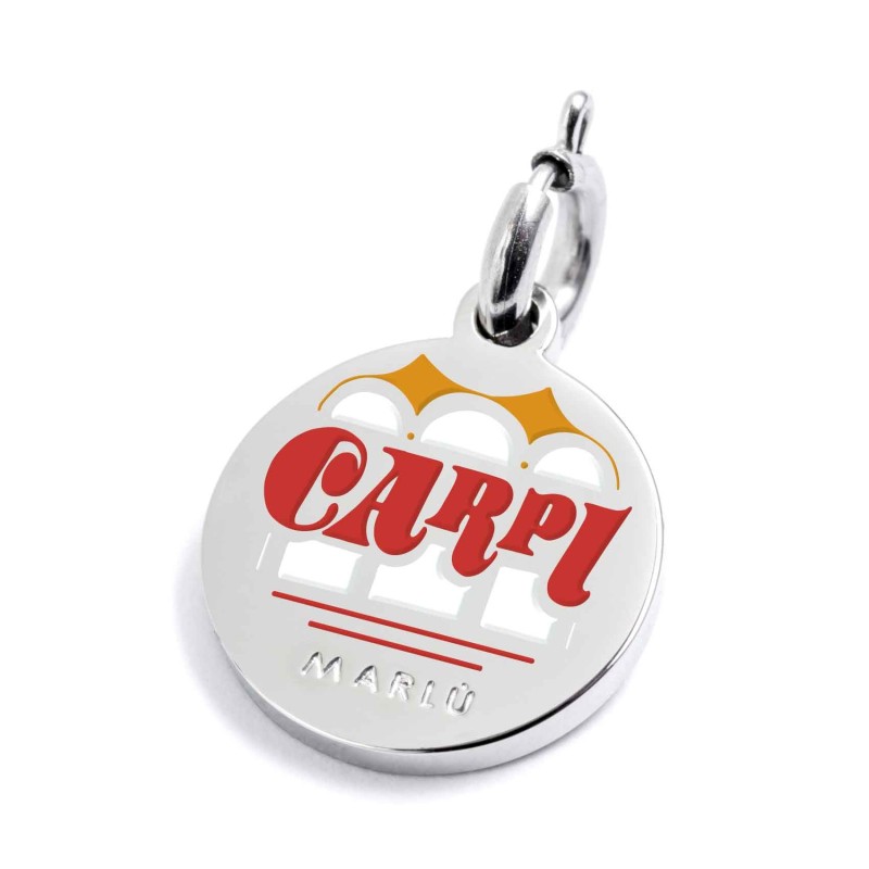 S.STEEL CHARM CARPI S.steel charm with Carpi city's symbol image. On the front side the charm is colored with enamel orange, red