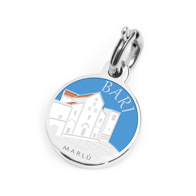 S.STEEL CHARM BARI S.steel charm with Bari city's symbols image, with 14 mm diameter. On the front side the city name and backgr