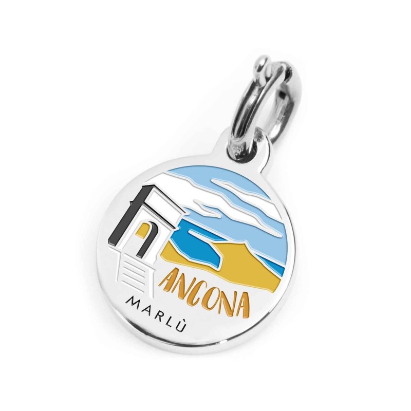 S.STEEL CHARM ANCONA S.steel round charm with Ancona city's symbols image, 14 mm diameter. On the front side lettering in black