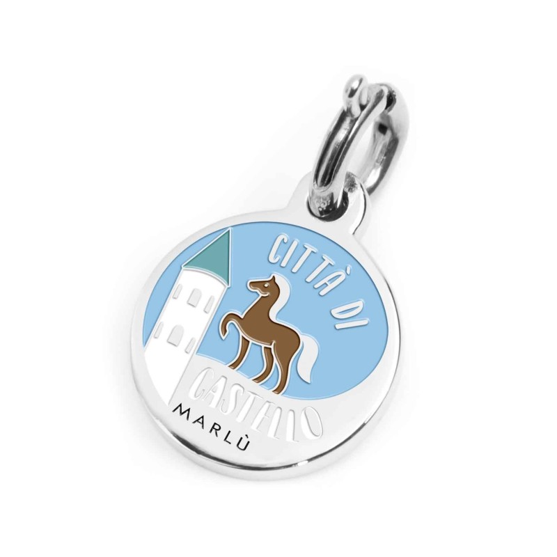 S.STEEL CHARM CITTA DI CASTELLO S.steel round charm with Città di Castello city's symbols image, 14 mm diameter. On the front s