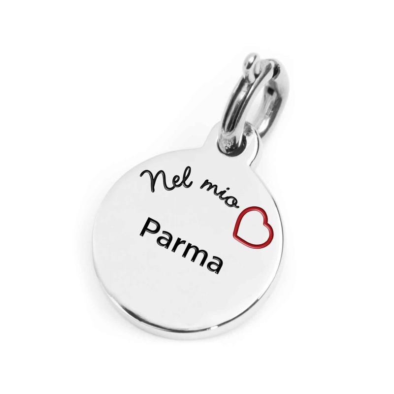 S.STEEL CHARM PARMA S.steel round charm with Parma city's symbols image, 14 mm diameter. On the front side lettering in black en