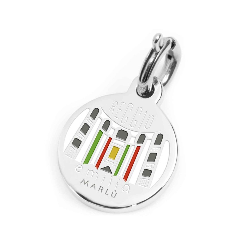 S.STEEL CHARM REGGIO EMILIA S.steel charm with Reggio Emilia city's symbols image, with 14 mm diameter. On the front side the wr