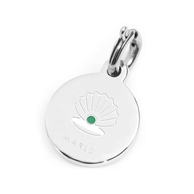 S.STEEL CHARM RICCIONE S.steel round charm with Riccione city's symbols image, 14 mm diameter. On the front side lettering in bl