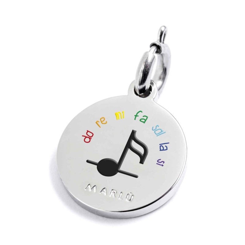 S.STEEL CHARM AREZZO S.steel round charm with Arezzo city's symbols image, 14 mm diameter. On the front side lettering in black