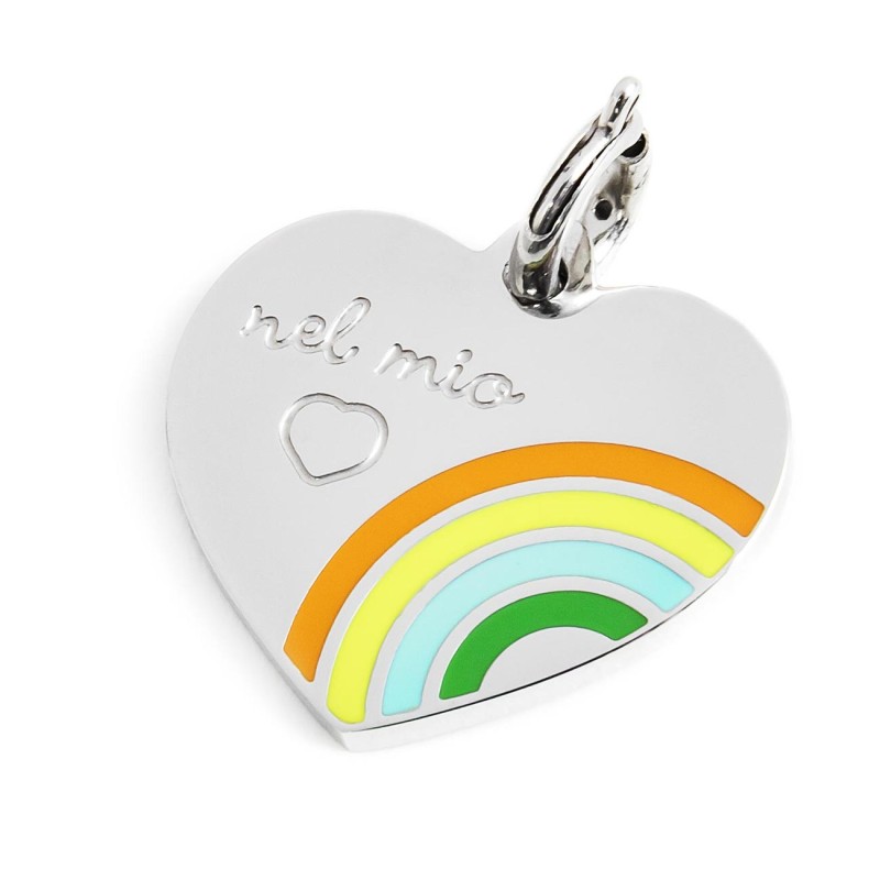 S.STEEL HEART CHARM 20MM WITH RAINBOW S.steel heart shape charm 20 mm diameter, 1,50 mm thickness, on the front side the engrave