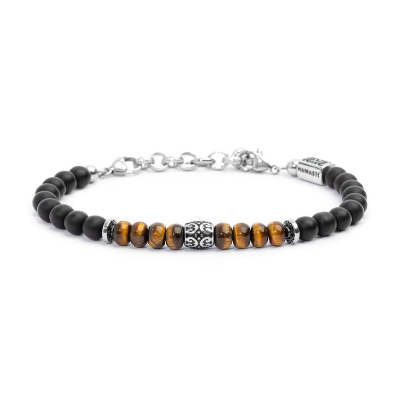 S.STEEL BR BLACK ONYX AND TIGER EYE S.Steel bracelet with on the side black onyx spheres 6,40 mm diameter, 2 elements polished s