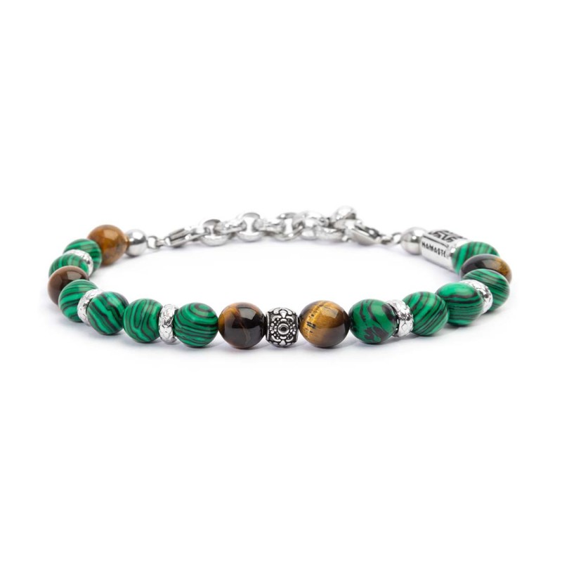 S.STEEL BR MALACHITE AND TIGER EYE SPHERES S.Steel bracelet with malachite spheres 8 mm diameter, alternated with tiger eye sphe