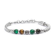 Bracciale catena fishbone con sfere malachite e occhio di tigre