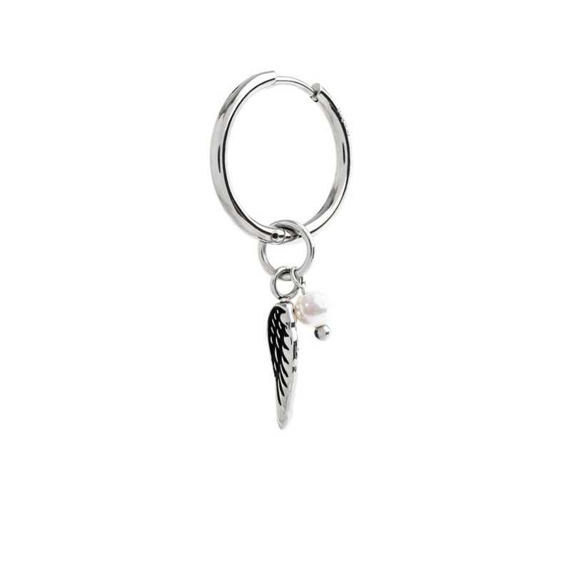 S.S SINGLE ROUND EAR WITH WING PENDANT S.steel single round earring 20 diameter 2 mm thickness, Marlù lasered logo on the side