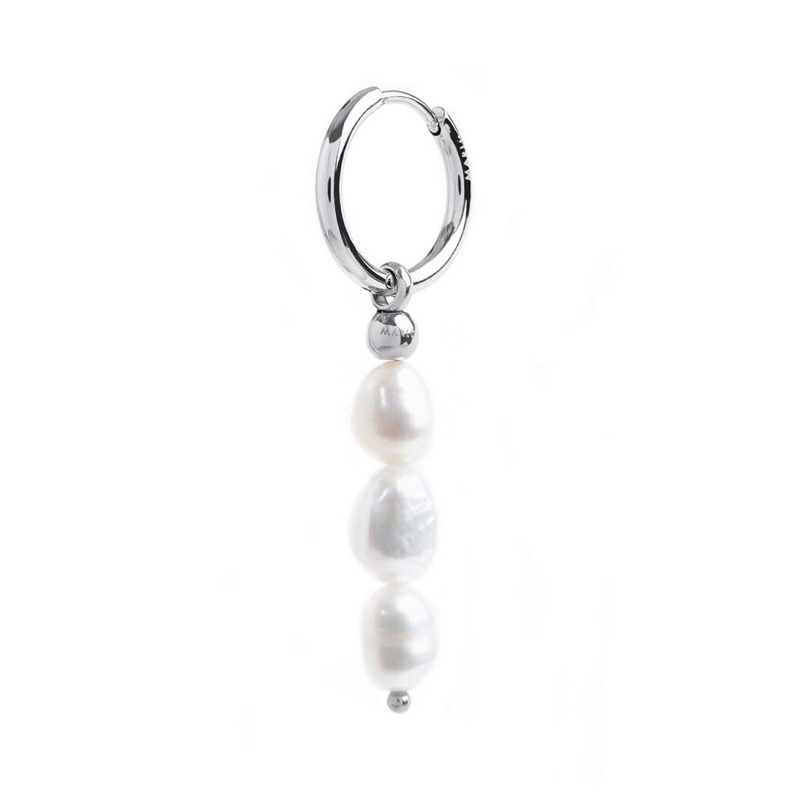S.S SINGLE ROUND EAR WITH 3 PEND IRREGULAR PEARLS S.steel single round earring 16 mm diameter 2 mm thickness, Marlù lasered log