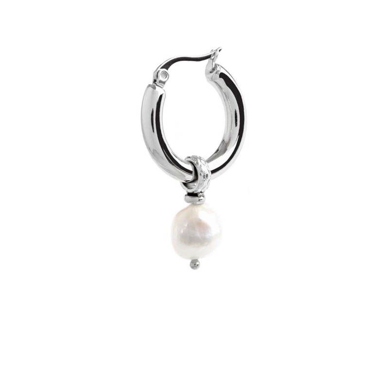 S.S SINGLE ROUND EAR WITH PENDANT IRREGULAR PEARL S.steel single round earring 22,50 diameter 3,90 mm thickness, Marlù lasered