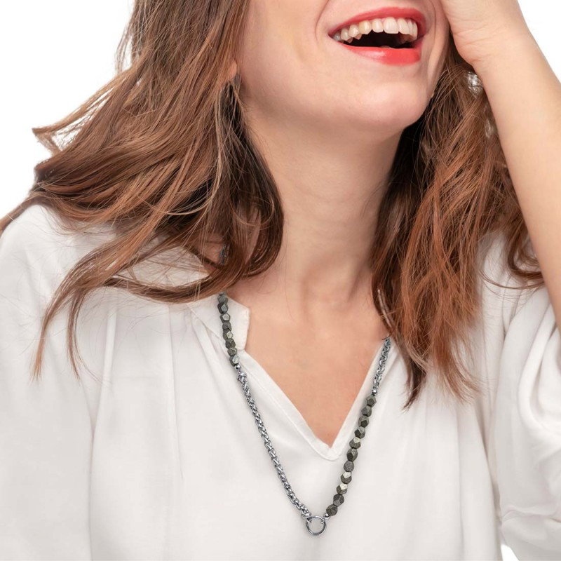 S.STEEL NECKLACE WITH PYRITE AND SONAGLIO CHAIN S.steel necklace with pyrite stone 6*6,30 mm, sonaglio chain 5 mm width and text