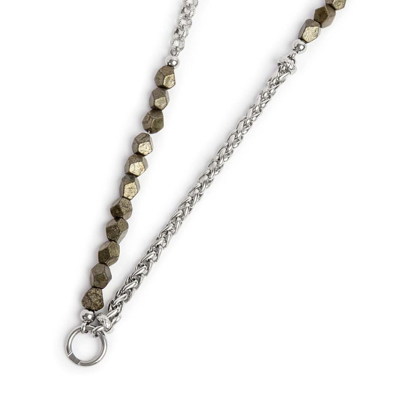 Collana pietre pirite e catena sonaglio e rolò