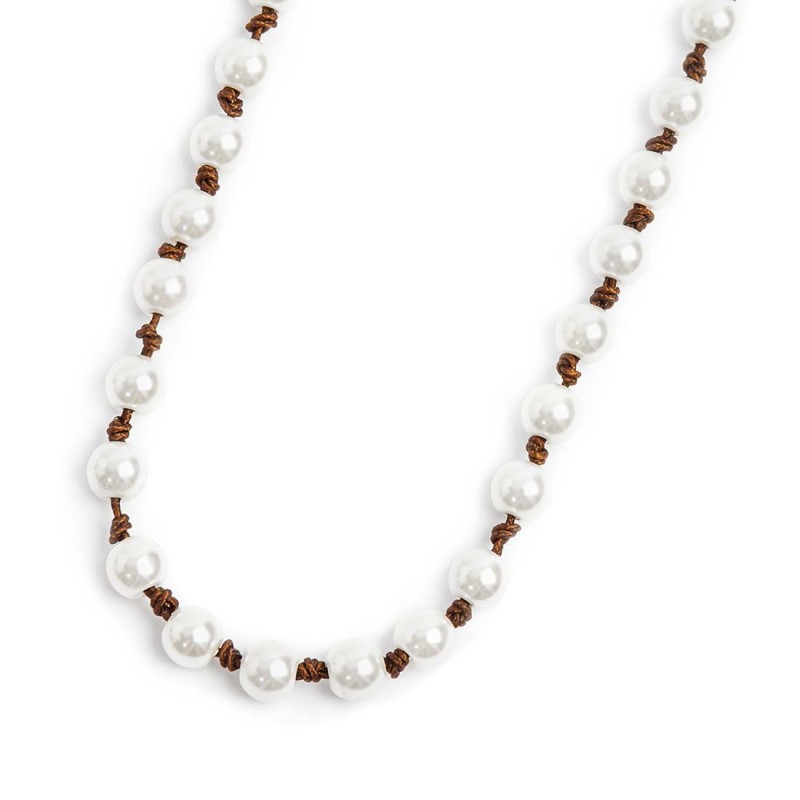 S.STEEL NECKLACE 800MM ROPE WITH PEARLS S.steel necklace with brown cotton rope 0,80 mm diameter with pearls 6,20 mm diameter. A