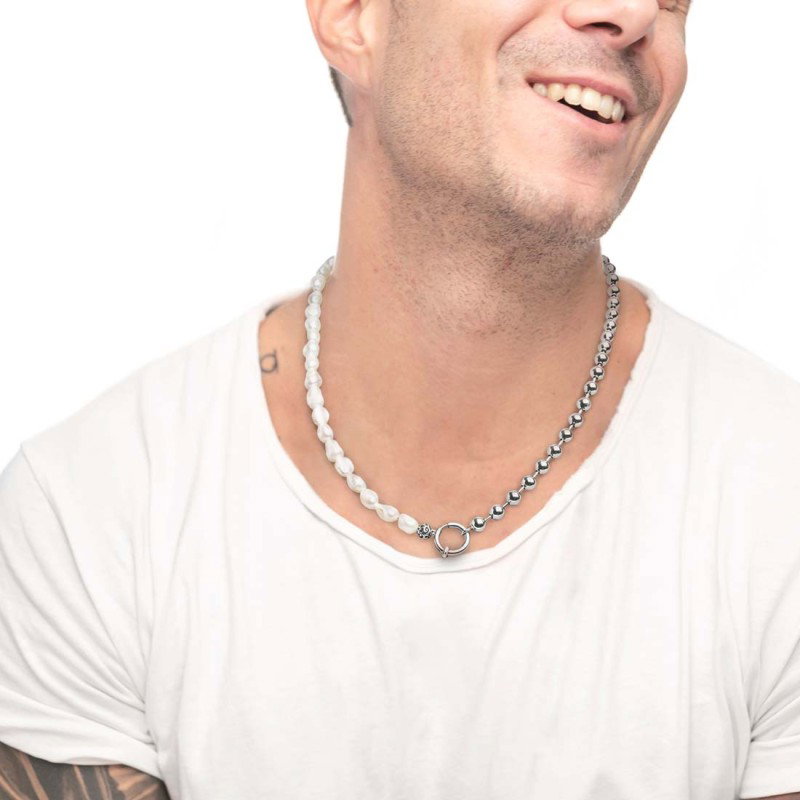 S.STEEL NECKLACE BALL CHAIN AND IRREGULAR PEARLS S.steel necklace with ball chain 6 mm width, chain length 280 mm and irregular