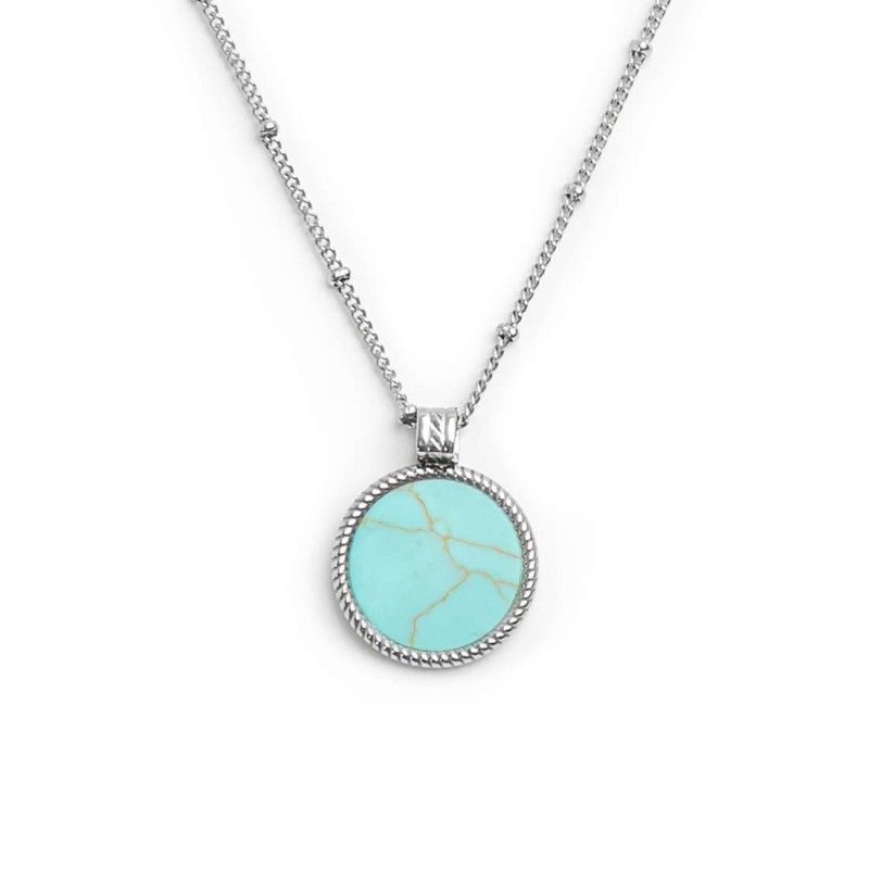 S.STEEL NECKLACE ROUND TURQUOISE PENDANT S.steel necklace with grumetta chain with balls 1,40 mm width, 0,80 mm thickness. Round