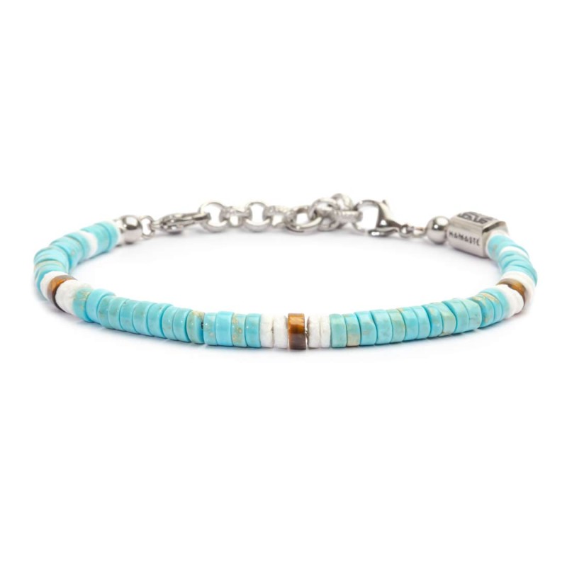 S.S. BR TURQUOISE, TIGER EYE AND PUKA SHELL S.steel bracelet box rounded chain, 0,60 mm width with turquoise beads 5/5,50 mm dia