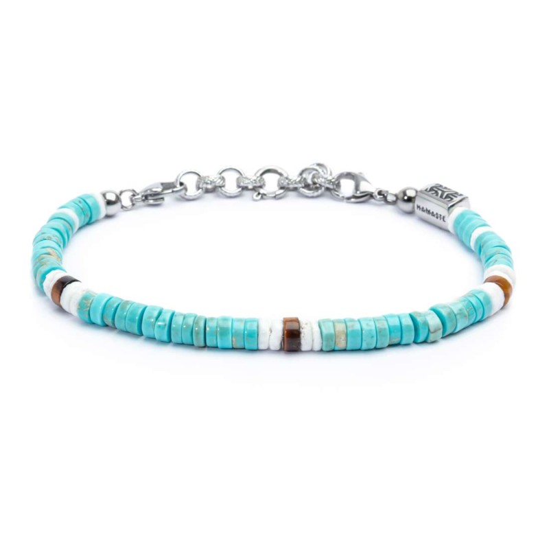 S.S. ANKLET TURQUOISE, TIGER  AND PUKA SHELL S.steel anklet box rounded chain, 0,60 mm thickness with turquoise beads 5/5,30 mm