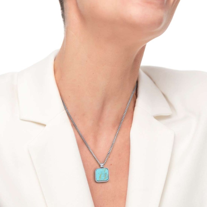 S.STEEL NECKLACE SQUARED TURQUOISE PENDANT S.steel necklace with grumetta chain 2,30 mm width and 1,30 thickness. Squared plate