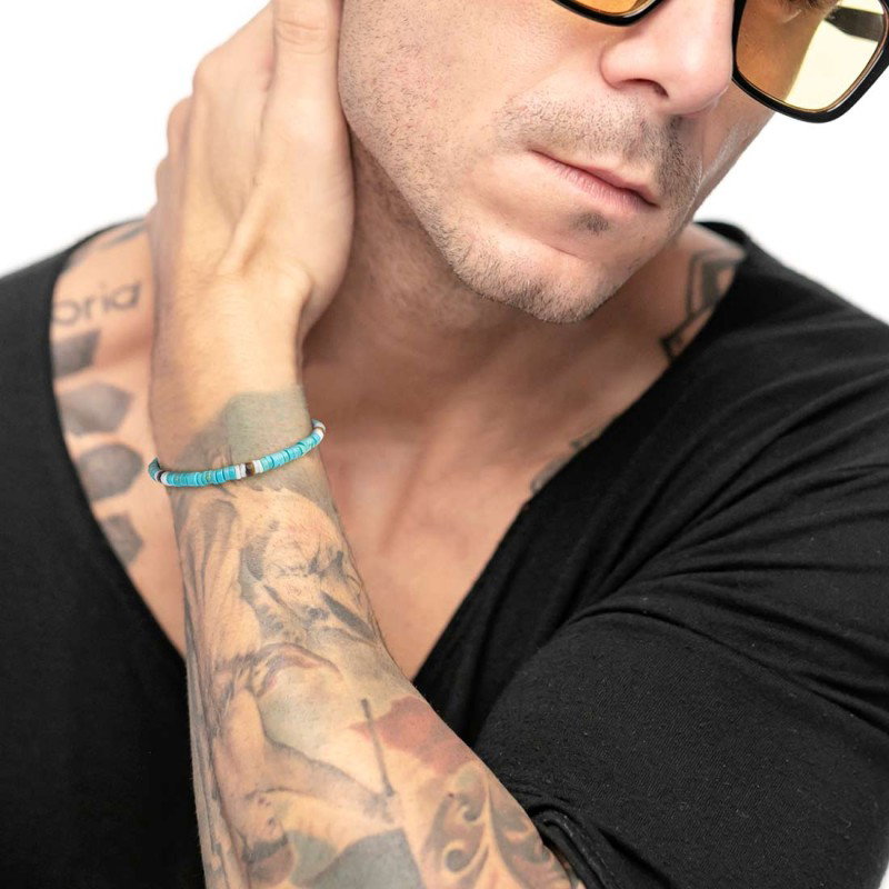 Bracciale con dischetti turchesi occhio di tigre e conchiglie bianche