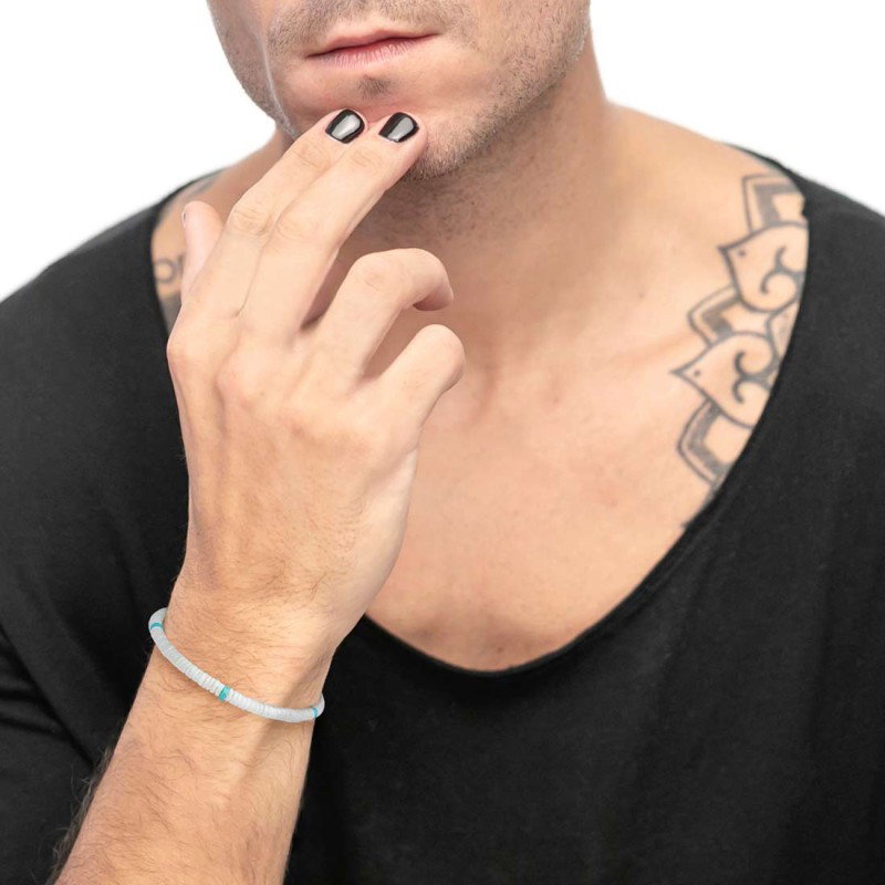 S.S. BR WHITE PUKA SHELL AND TURQU STONE S.steel bracelet box rounded chain 0,60 mm width with white puka shell beads 5,30/5,60