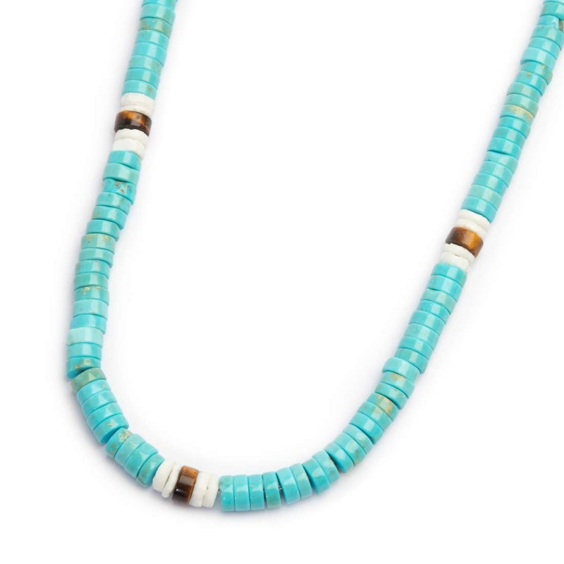 Collana con dischetti turchesi occhio di tigre e conchiglie bianche