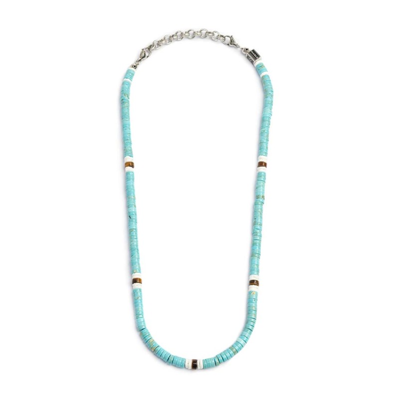 Collana con dischetti turchesi occhio di tigre e conchiglie bianche