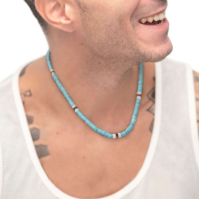 Collana con dischetti turchesi occhio di tigre e conchiglie bianche