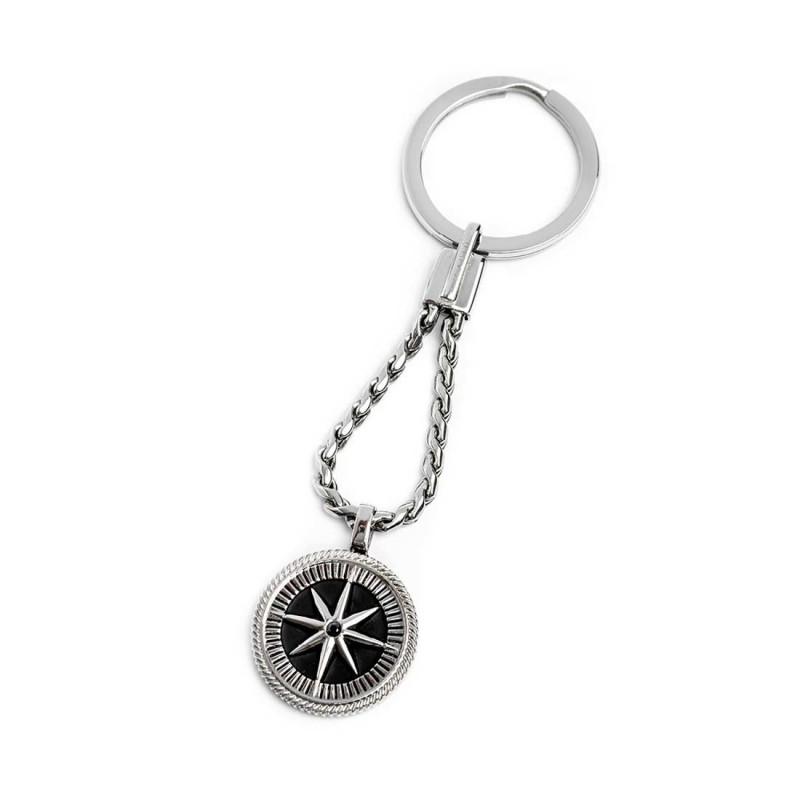 S.STEEL KEYRING WIND ROSE PENDANT S.steel keyring with twisted round link serpentine chain 3,10 mm thickness and pendant 24,30 m