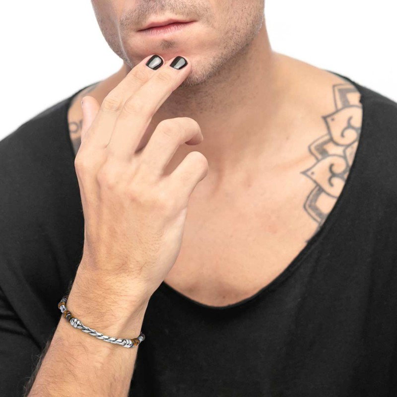 S.S BRACELET WITH TWIST SERPENTINE CHAIN TIGER EYE AND HEMATITE S.steel bracelet alternated with hematite chrome ip beads 4,70*2