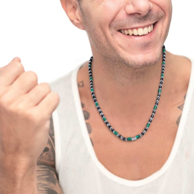 S.STEEL NECKLACE WITH MALACHITE BLACK ONYX AND HEMATITE S.steel necklace alternated with two malachite cylinder beads 4*2 mm, he