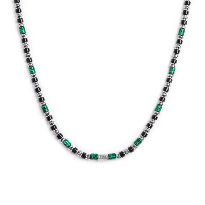 Collana con rondelle in malachite ed onice nera elementi in ematite