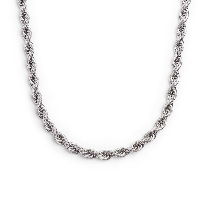 S.S. NECKLACE WITH ROPE CHAIN S.steel necklace with rope chain 6,80 mm thickness. On both ends, element with three twisted wire