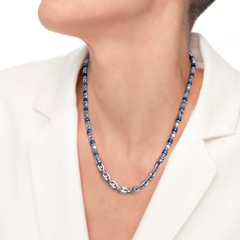 S.STEEL NECKLACE WITH SODALITE HEMATITE AND MARINE CHAIN S.steel necklace alternated with hematite with chrome ip beads 4,70*2,4