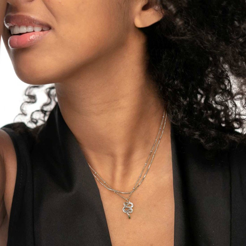 Collana doppia catena snake quadrata con serpente pendente