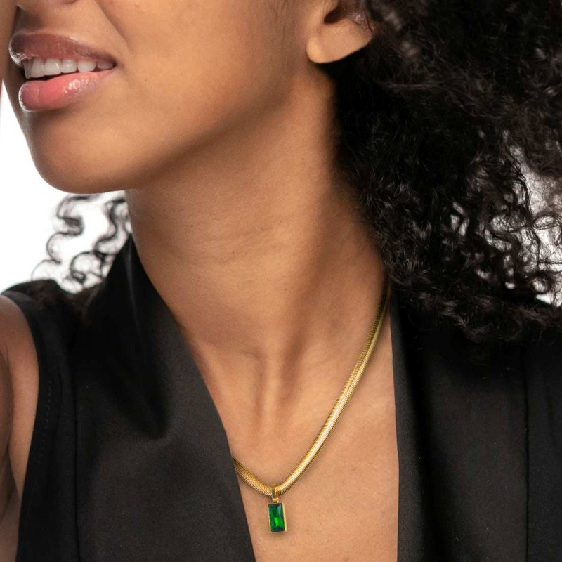 Collana Punk Serpente Con Cristallo Verde E Catena Spessa Oro - Gioiello Vintage Per Donna - 3