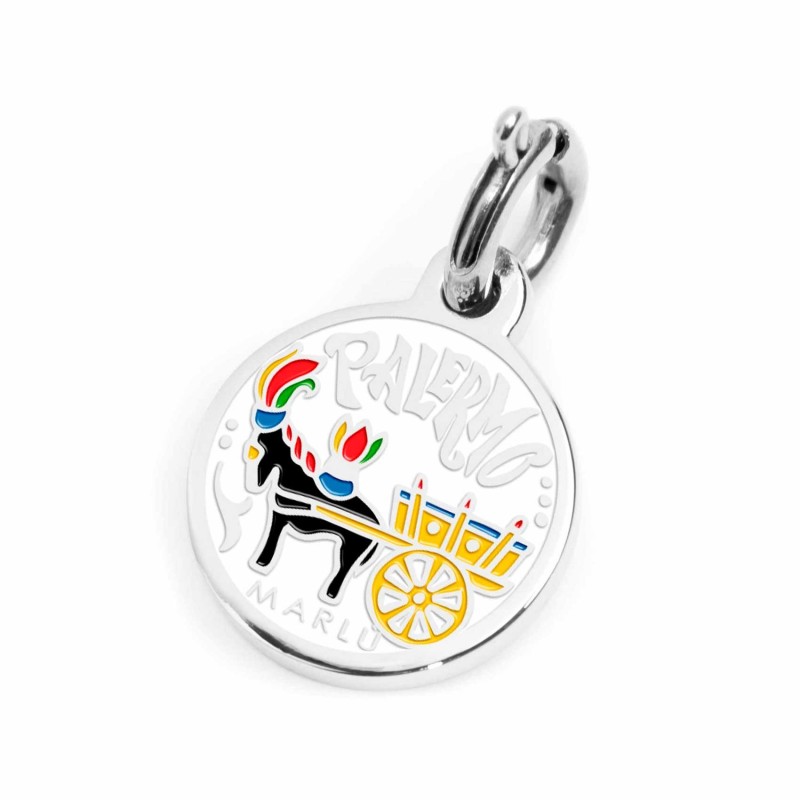 S.STEEL CHARM PALERMO S.steel round charm with Palermo city's symbols image, 14 mm diameter. On the front side lettering in blac