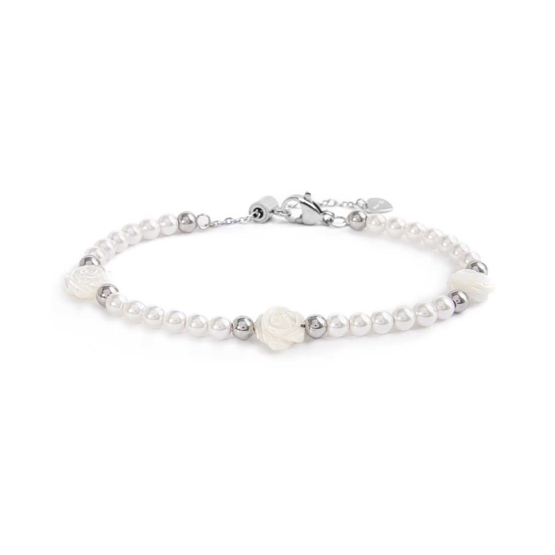 S.S. BR PEARL CHAIN WITH MOP ROSES SHAPE S.steel bracelet with white round pearls 4/4,30 mm diameter, alternated  with mother of