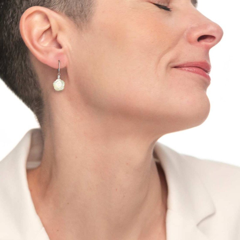 S.S. EARRINGS PAIR WITH MOP ROSE SHAPE PEND S.steel earrings pair lever back closure size 12,70*9,90 mm, 1 mm thickness with on