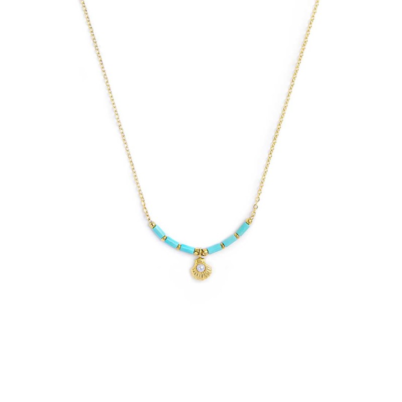 Collana conchiglia pendente con perla e perline a tubo turchesi