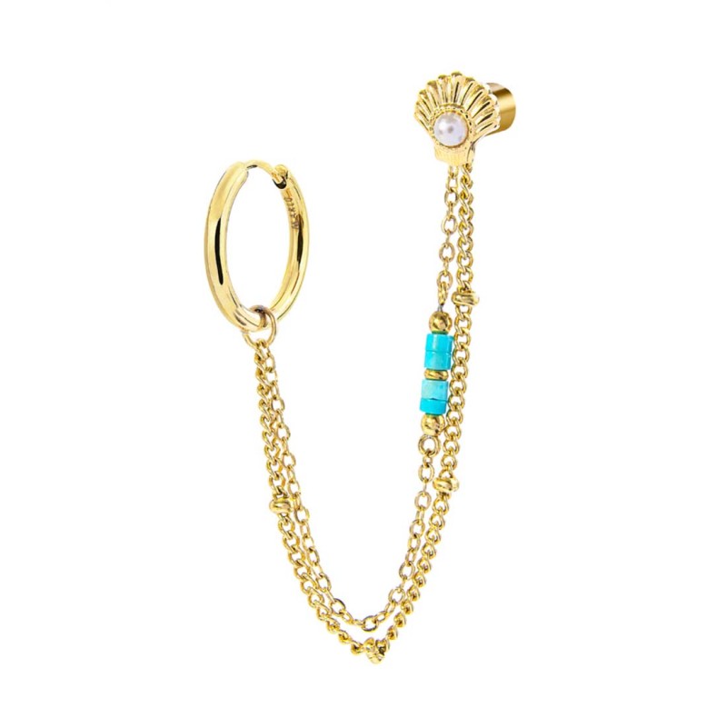 Orecchino multindosso conchiglia con perla e perline turchesi