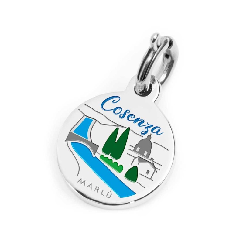 S.STEEL CHARM COSENZA S.steel round charm with Cosenza city's symbols image, 14 mm diameter. On the front side lettering in blac