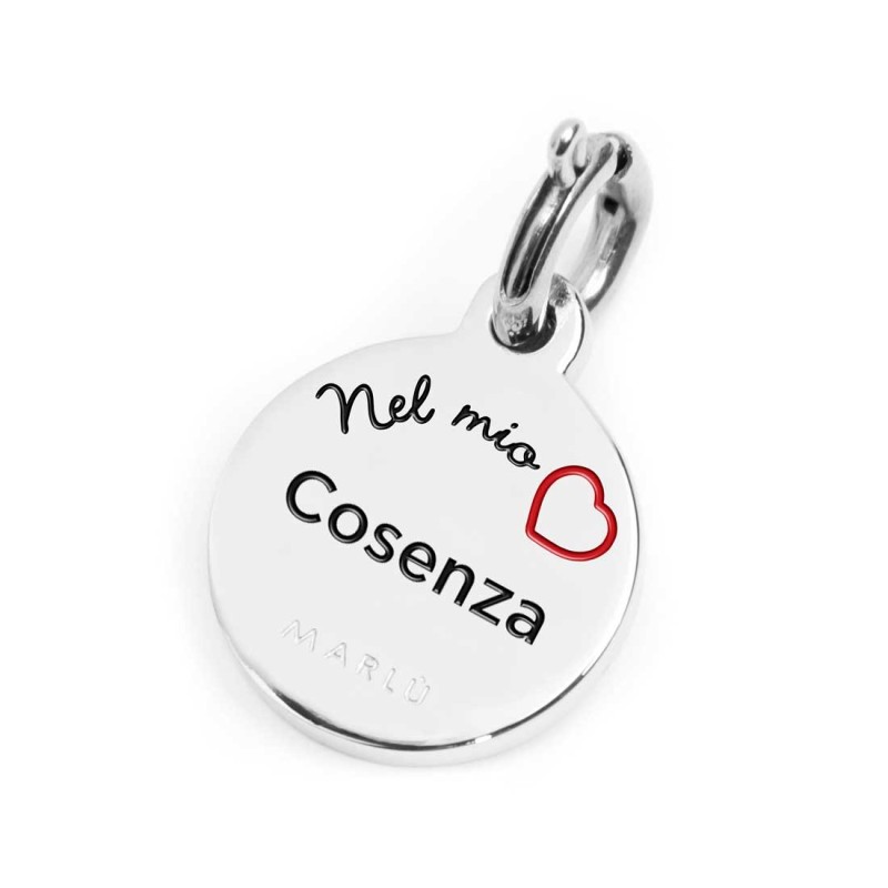 S.STEEL CHARM COSENZA S.steel round charm with Cosenza city's symbols image, 14 mm diameter. On the front side lettering in blac