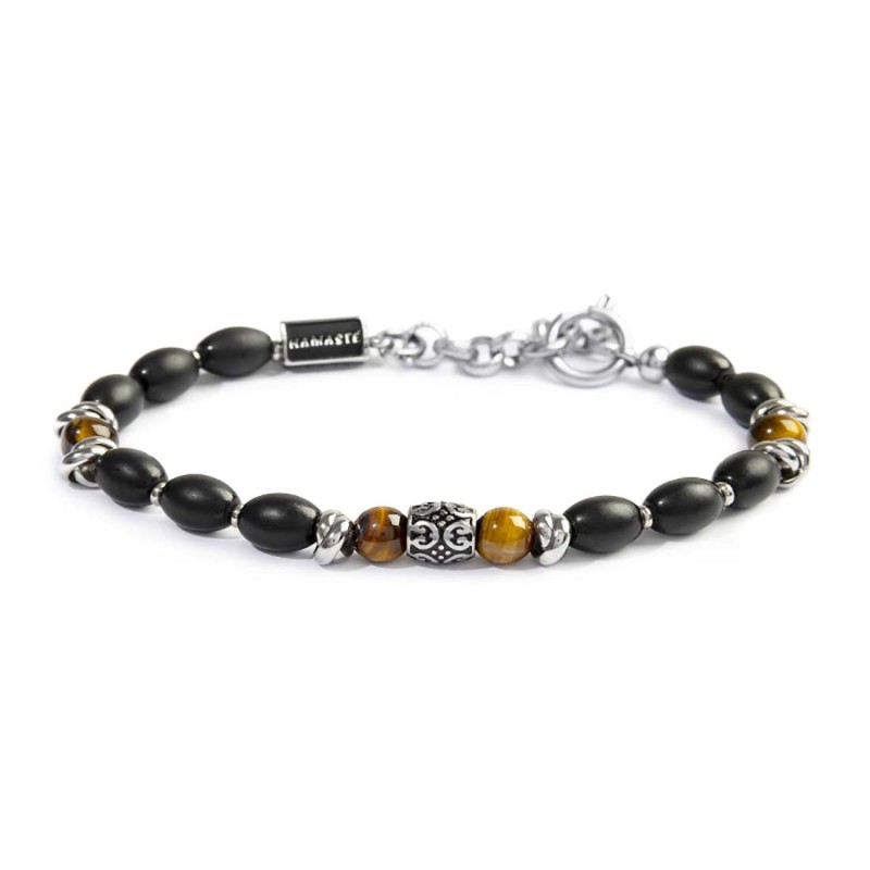 Bracciale con onice nera ovale e sfere occhio di tigre