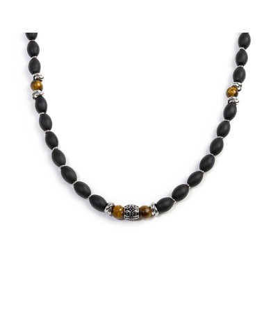 Collana con onice nera ovale e sfere occhio di tigre