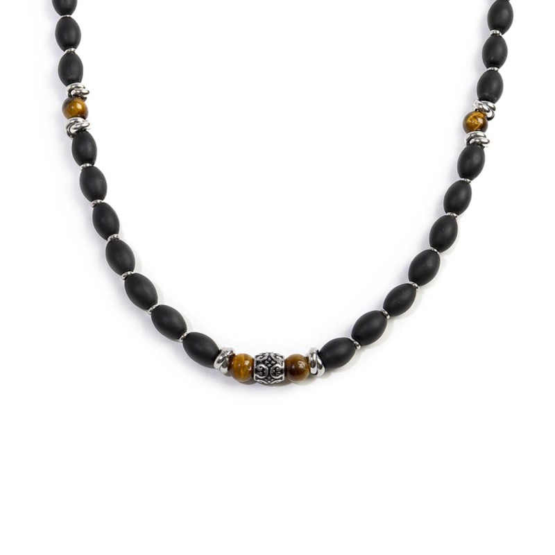 S.STEEL NECKLACE BLACK ONYX AND TIGER EYE S.steel necklace with black onyx rice beads 9*6,30 mm, alternated with s.steel polishe