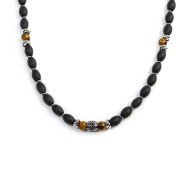 S.STEEL NECKLACE BLACK ONYX AND TIGER EYE S.steel necklace with black onyx rice beads 9*6,30 mm, alternated with s.steel polishe